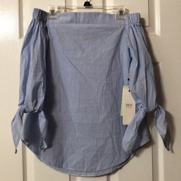 IRIS Blue Stripe Off The Shoulder Top  NWT - Picture 1 of 9